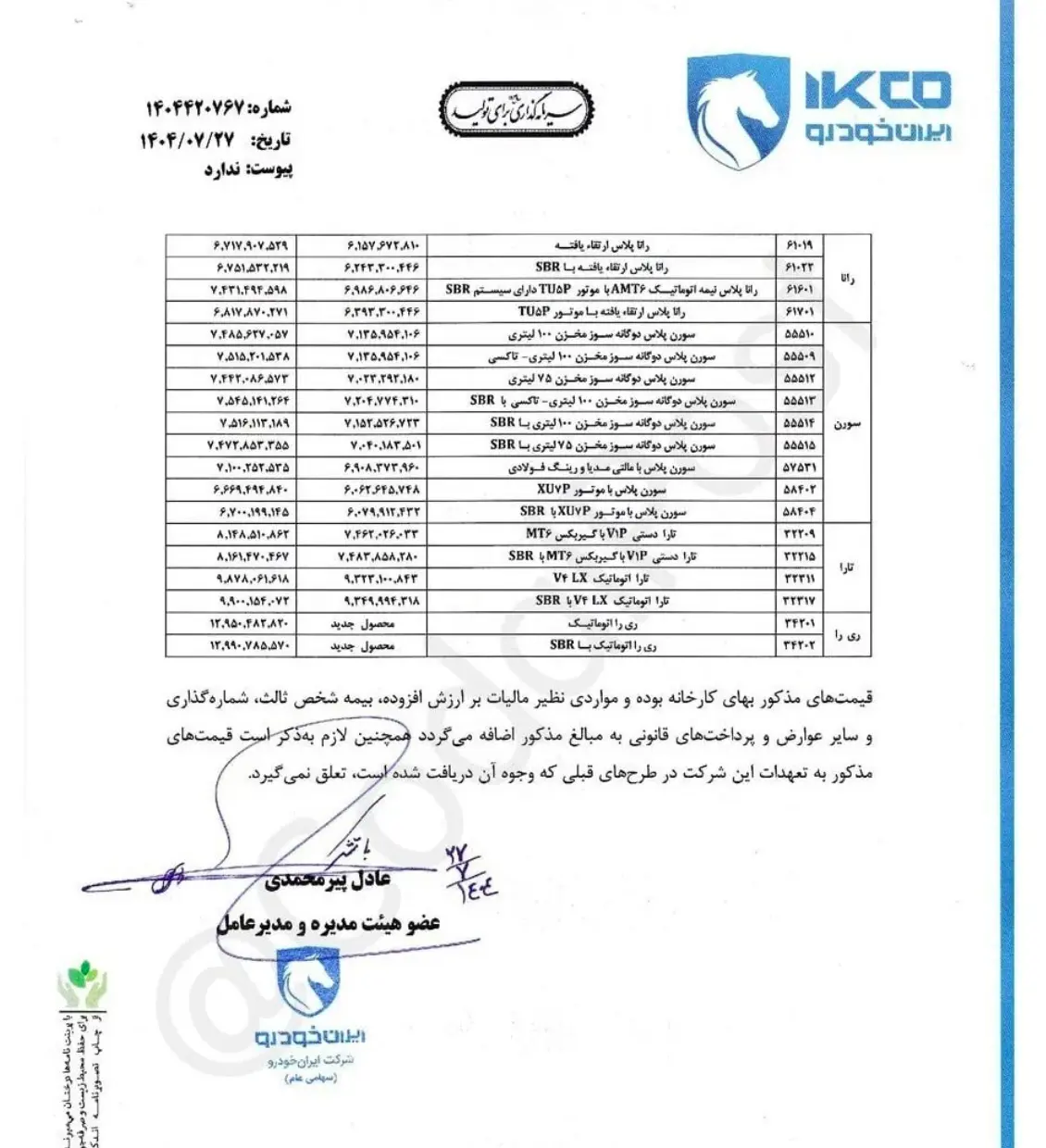 جدول قیمت ایران خودرو 2