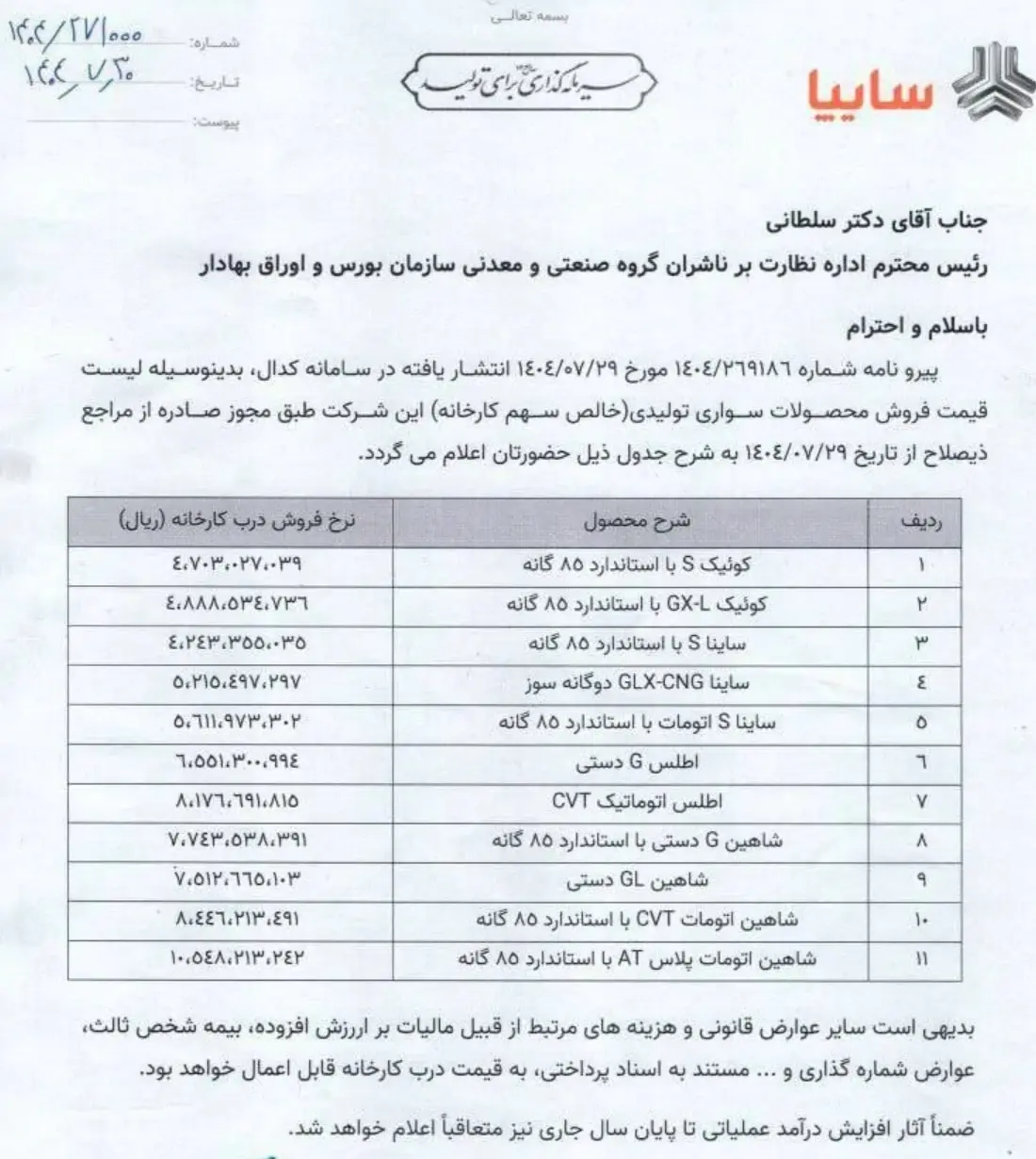 قیمت جدید سایپا