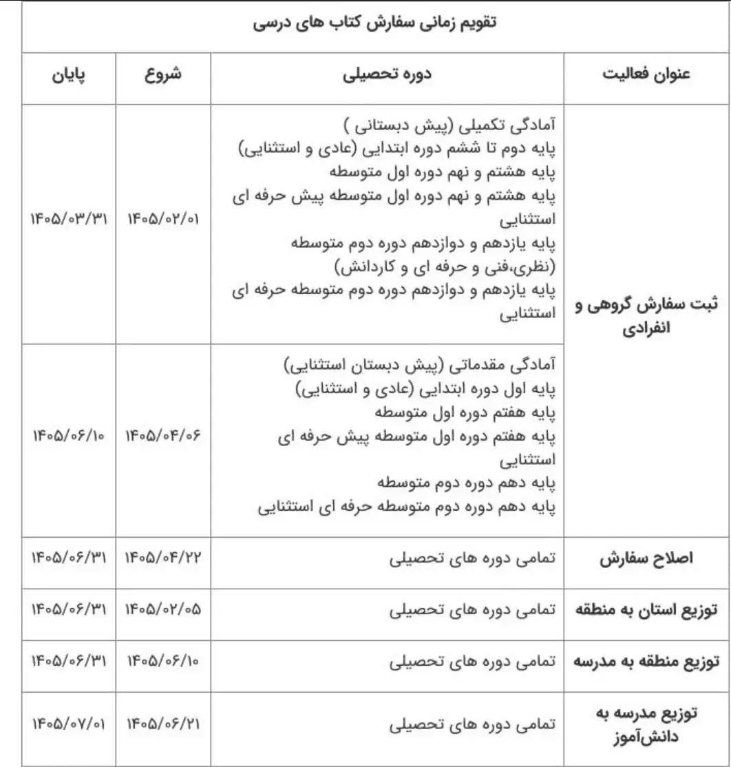تقویم سفارش کتاب درسی