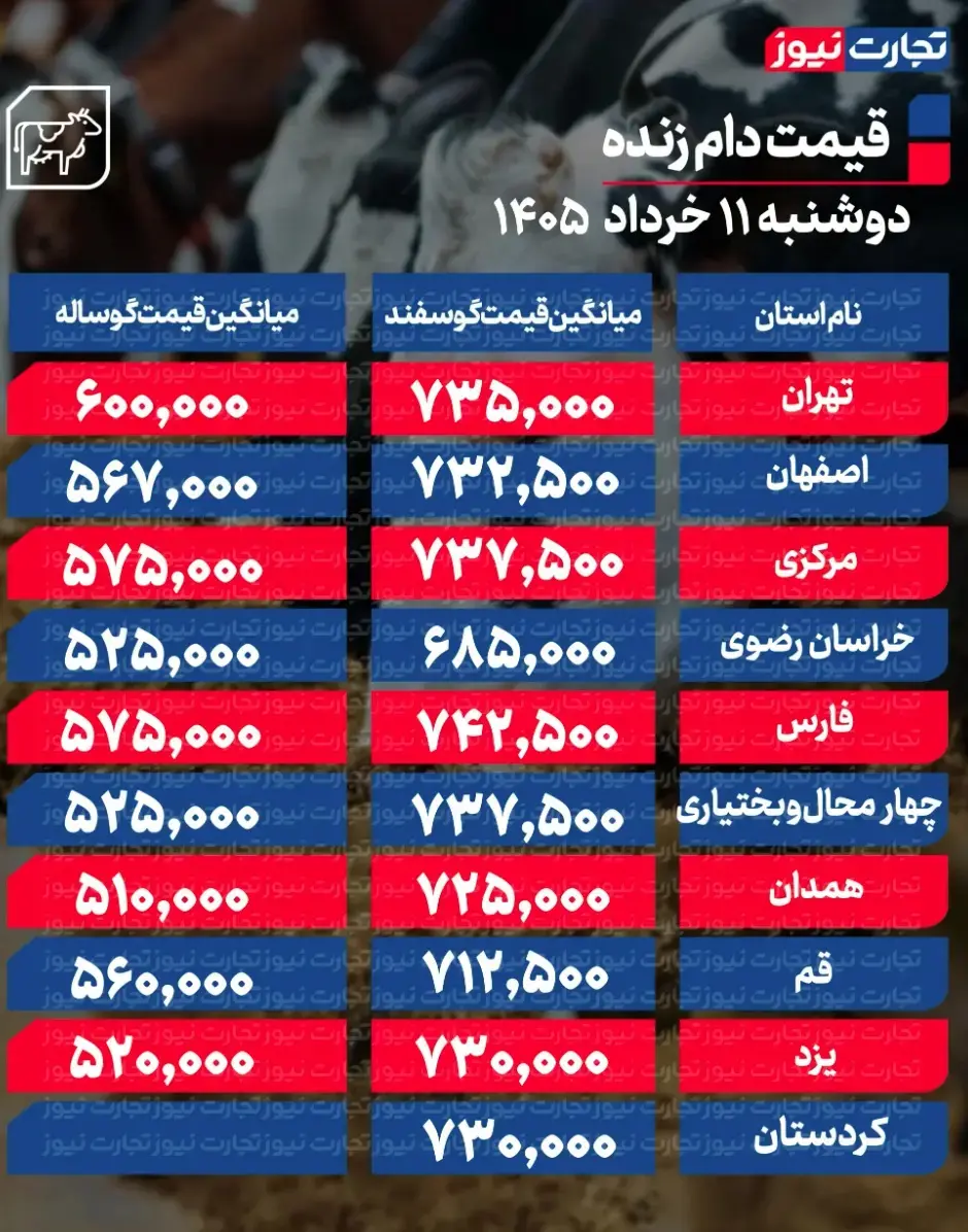 جدول قیمت دام 25