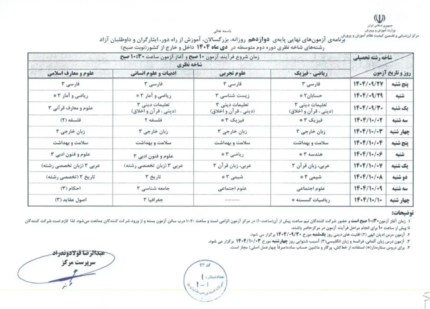 برنامه امتحانات نهایی دوازدهمی ها