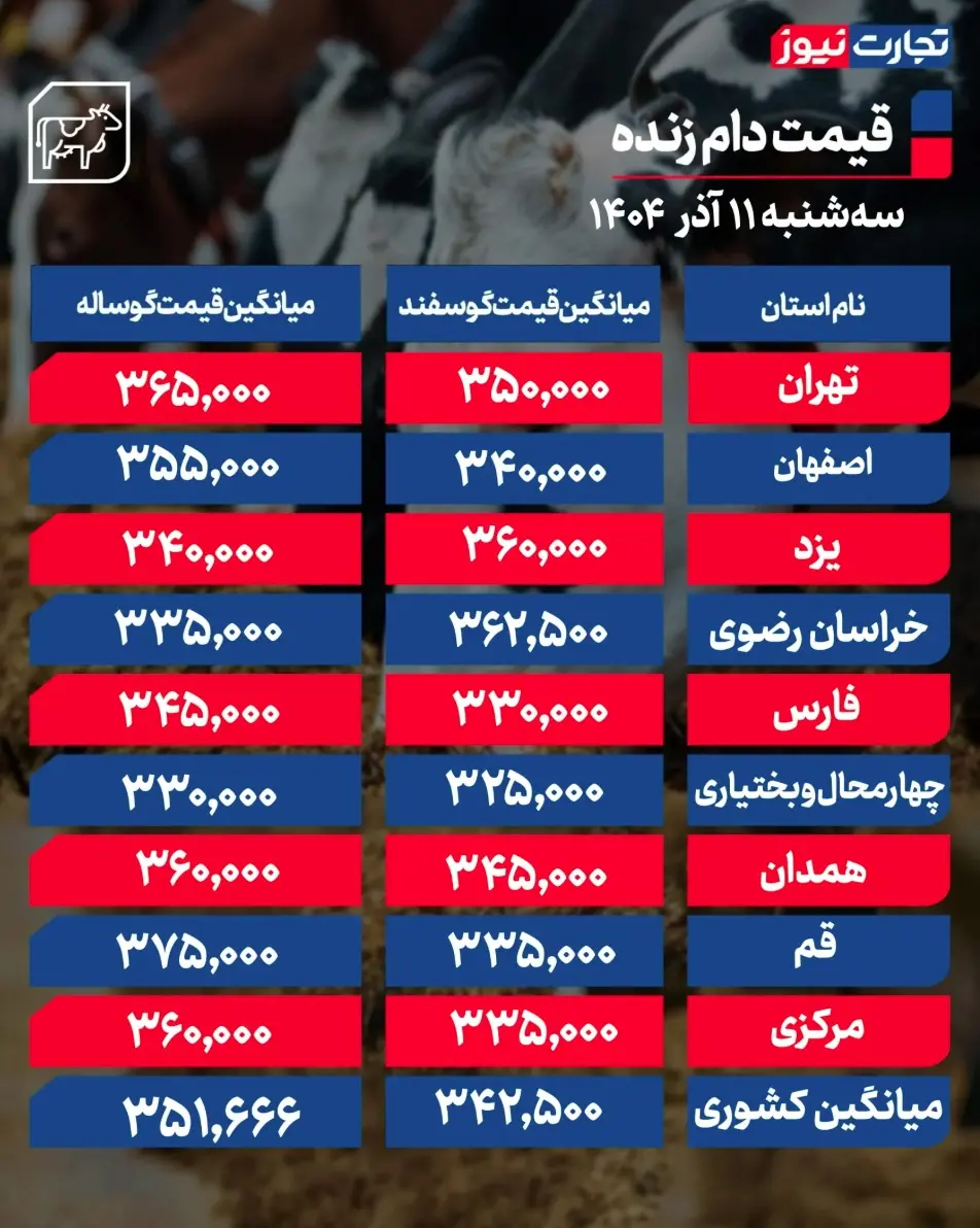 جدول قیمت دام 11